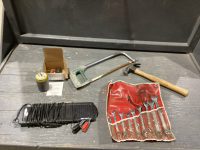 FLAT HACKSAW, HAMMER, RECEPTICLE, SMALL SOLAR PANEL, WRENCH SET