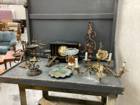 BRASS CHANDELIER, BRASS CANDLEABRA'S, HEAVY METAL CANDLEHOLDER, MATLE CLOCK - MISSING HANDS AND KEY, OLD DOOR KNOB W/ PLATE