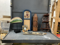 WOOD DECOR PIECES - FISH ON STAND, CORNER SHELF, "HOME" ON BARN BOARD, LETTER HOLDER, "BEAR" MEMO BOARD