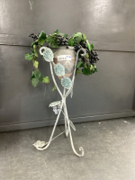 DECORATIVE VASE ON METAL STAND W/ GRAPES & GREENERY