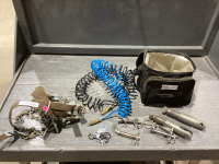 SET 4 TIRE CHAIN + BAG OF AIR HOSES & MISC HITCH PINS