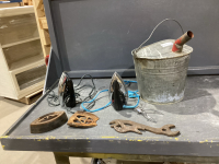 VINTAGE ITEMS - OIL CAN, OLD ELECTRIC IRONS, OLD TOOLS, HAND CLIPPERS, SAD IRON