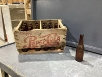 22 BEER BOTTLES IN A PEPSI-COLA WOOD CRATE
