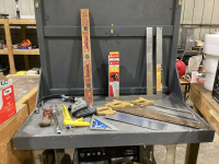 TOTE W/SQUARES, SAWS, LEVEL, CAULKING GUN, SCREWDRIVERS, SNIPS, HAMMER