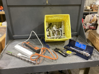 YELLOW CRATE WITH POWER BARS, AUGER BIT, PRYBAR, CLAMP, TAPE MEASURE, SOCKET SET