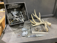 BLACK CRATE WITH JOIST HANGERS, SHELF BRACKETS, HINGES, DEER SHEDS