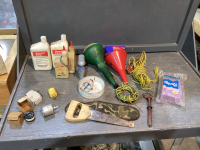 BOX W/FUNNELS,BIG HOLE SAW, 4 CYCLE ENGINE OIL, SAW, BREAKER, MISC