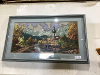 NEEDLEPOINT PICTURE W/ GREY FRAME - MOUNTAIN SCENE