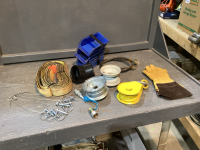 SLING , BOLT BINS, WELDING GLOVES, PROPANE HOSE, PULLEY