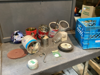 CRATE W/CLOTHES LINE WIRE, SANDING PADS, NAILS, RIVETS, SCREWS, WASHERS
