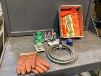 BOX W/GLOVES, SAFETY VEST, ELECTICAL, GAS HOSE, FILTER, LAWN ORNAMENT