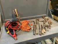 CRATE W/BOOSTER CABLES, EXTENSION CORD, VINTAGE TOOLS, NAIL PULLER, BRACE