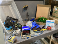 MISC BOX-SNOW SCRAPER, GLOVES,TAPE MEASURE, DOG LEASHES, PLUMING ITEMS