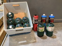 BOX WITH ASSORTED COLEMAN PROPANE SMALL BOTTLES, BERNZOMATIC + OXYGEN