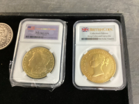 COLLECTION OF USA & BRITISH REPRODUCTION REPLICA COINS - CASES ARE MARKED **ONLY FOR COLLECTION,"