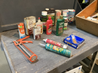 BOX W/CAULKING GUN, GARDENING SUPPLIES, DANISH OIL, TURTLE WAX, CAR CLEANING ITEMS