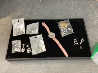 PINK LADIES WATCH & SOME COSTUME EARRINGS