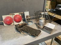 CORDED DRILL , DRILL BITS, SPRAYER, 2 RED BEACON LIGHTS, LEATHER GLOVES