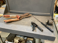 (2) FISHING RODS, HEDGE TRIMMERS