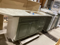 SAGE GREEN COLORED CABINETS -(11) PIECES - UPPERS, LOWERS, SINK BASE, , COUNTERTOP,