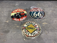 (3) VINTAGE LOOKING METAL SIGNS - 8&rdquo; DIAMETER