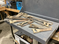 BOX OF ASSORTED SAWS, PIPE WRENCH