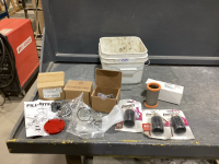 SMALL BUCKET OF PARTS FOR TRANSFER PUMP, RV ADAPTERS,
