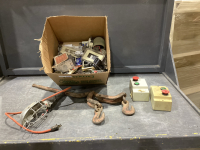 BOX OF USED ELECTRICAL SUPPLIES, TROUBLE LIGHT, BOOMER