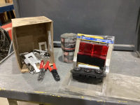 BOX OF VEHICLE PARTS, WINDOW/DOOR PROTECTOR, WIRE STRIPPERS. TRAILER LIGHTS
