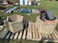 Two concrete planters, and small plastic planters