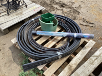 PALLET W/ LANDSCAPE FABRIC, LAWN EDGING, PLASTIC HOSE, FERTILZER SPREADERS