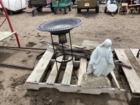 PALLET W/ DRIFT WOOD, CEMENT VIRGIN MARY STATUE, LANDSCAPE ROCKS, BIRDBATH