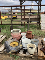 PALLET W/ PLANTERS, (2) OIL DRAIN CONTAINERS, ENAMELWARE, OLD BUCKETS (WITH HOLES) ., WOOD DRYING RACK
