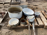 PALLET W/ HOES, SHOVELS, GARDEN DECOR, BLUE ENAMEL WARE PAN, (2) OLD WASH TUB,