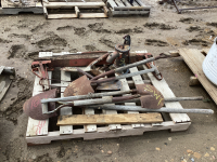 PALLET W/ SHOVEL PARTS, FORK, PART OF A WAGON, OLD CAST HAND KITCHEN PUMP