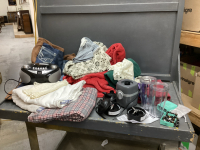 LARGE LIDDED TOTE W/ DENIM THROW, FUZZY BLANKETS, FLANNEL SHEETS, SEMI PRECIOUS BRACELTS, PROSCAN CD PLAYER,