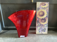LARGE RED VASE AND CANVAS SUNFLOWER PICTURE