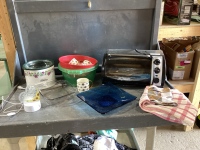 B+D TOASTER OVEN, RIVAL CROCK POT, TEA TOWEL, PLASTIC BOWLS , MUGS,