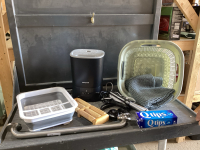 LAUNDRY BASKET W/Q-TIPS, FOOT MASSAGER, CURLING IRON, STRAIGHTENER, TOWEL BAR, HONEYWELL HUMIDIFIER