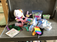 BOX W/ STUFFIES, PUZZLE, SMALL TOYS, CRAFTING ITEMS