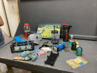 JOHN DEERE CHECKER SET AND BALL CAP, CANDLE HOLDER, SMALL BUBBLE GUM MACHINE, SMALL INSULATORS,