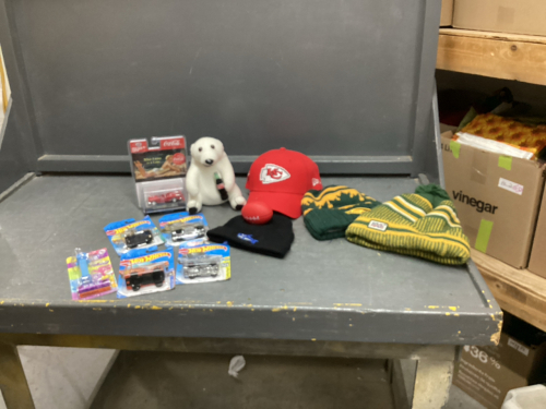 SMALL BOX OF SPORTS MEMORBILIA AND NEW HOT WHEELS CARS