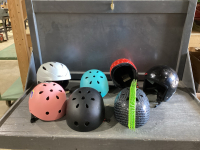 BOX W/ KIDS SNOWBOARD, SKATEBOARD HELMETS