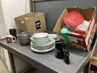 3 BOXES OF DISHES & FOOD STORAGE