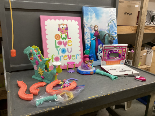 "FROZEN", "OWL LOVE YOU FOREVER" PICTURES ON CANVAS, ...TEACH & TALK LAPTOP, SHIMMER & SHINE TOY, MOVING STAIRS TOY