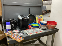 GOOD LIDDED TOTE W/ KITCHEN/HOUSEHOLD ITEMS - KEURIG, MISC PLASTIC DISHES, SEWING THREAD, CRIB BOARDS