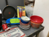 GOOD LIDDED TOTE W/ KITCHEN/HOUSEHOLD ITEMS - KEURIG, MISC PLASTIC DISHES, SEWING THREAD, CRIB BOARDS - 3