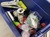 GOOD LIDDED TOTE W/ KITCHEN/HOUSEHOLD ITEMS - KEURIG, MISC PLASTIC DISHES, SEWING THREAD, CRIB BOARDS - 5