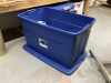 GOOD LIDDED TOTE W/ KITCHEN/HOUSEHOLD ITEMS - KEURIG, MISC PLASTIC DISHES, SEWING THREAD, CRIB BOARDS - 6