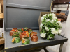 (2) BOXES W/ FLORAL DECOR, (12) GLASS CANDLE HOLDERS